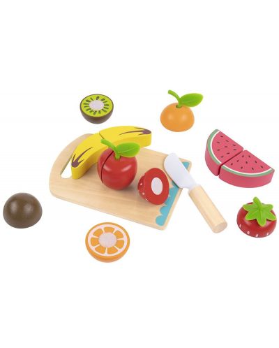 Игрален комплект Tooky Toy - Плодове за рязане с дъска и нож - 6