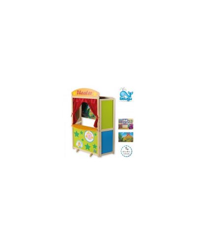 Играчка от дърво Beluga - Куклен театър, с червена завеса