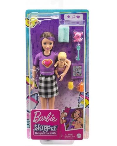 Игрален комплект Barbie Skipper - Барби детегледачка с лилави кичури и блуза със сърце - 1