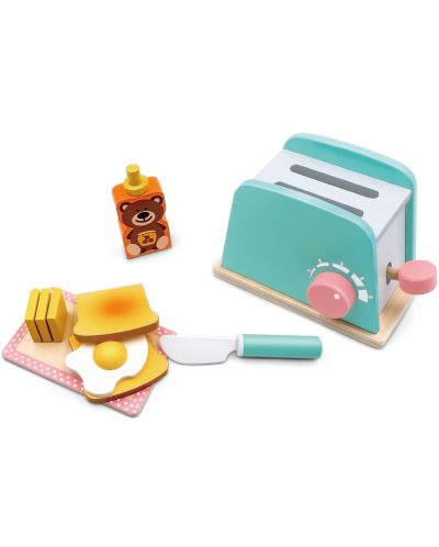 Игрален комплект Acool Toy - Дървен тостер и продукти за закуска, 8 части - 1