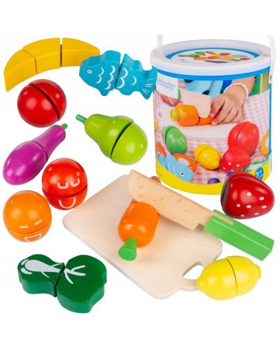 Игрален комплект Iso Trade - Дървени плодове и зеленчуци в кофа - 1