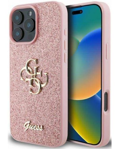 Калъф Guess - PU Fixed Glitter 4G Metal Logo, iPhone 16 Pro Max, розов - 3