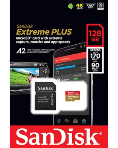 Карта памет SanDisk - Extreme PLUS, 128GB, microSDXC, Class10 + адаптер - 4