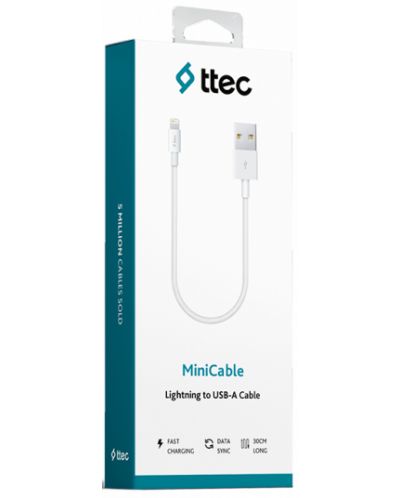 Кабел ttec - Mini Cable, Lightning/USB-A, 0.3 m, бял - 2