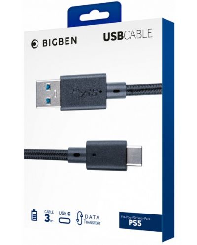 Кабел Nacon - Charge & Data, USB-C Braided Cable, 3 m (PS5) - 3