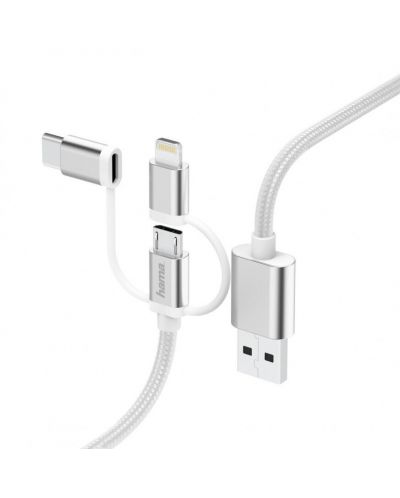 Кабел Hama - 3 в 1, USB-A/Micro USB/Lightning/USB-C, 0.2 m, бял - 1
