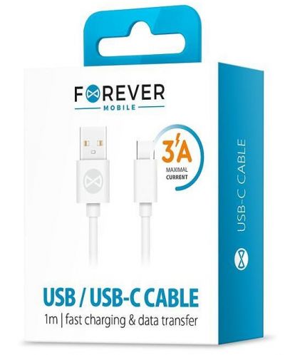 Кабел Forever - 8569, USB-A/USB-C, 1 m, бял - 2