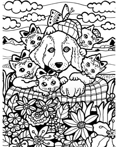 Картина за оцветяване ColorVelvet - Котета и куче, 29.7 х 21 cm - 2