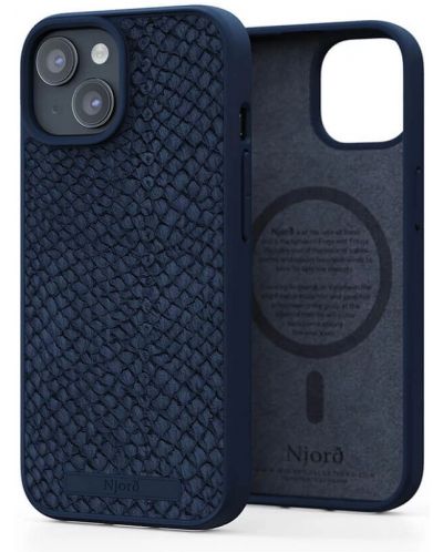 Калъф Njord - Salmon Leather MagSafe, iPhone 15, син - 2