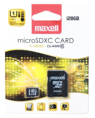 Карта памет Maxell - 128GB, microSDXC, Class10 + aдаптер - 2