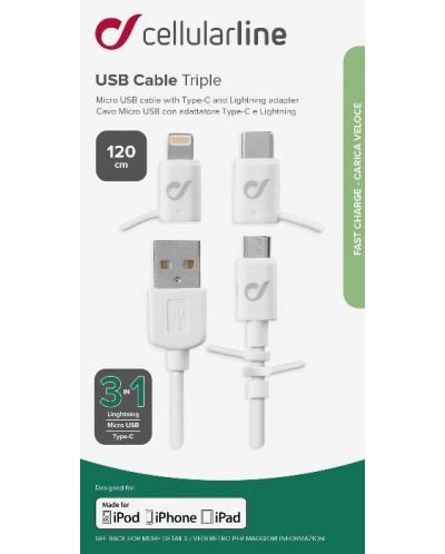 Кабел Cellularline - 3 в 1, USB-A/Lightning/USB-C/Micro USB, 1 m, бял - 2