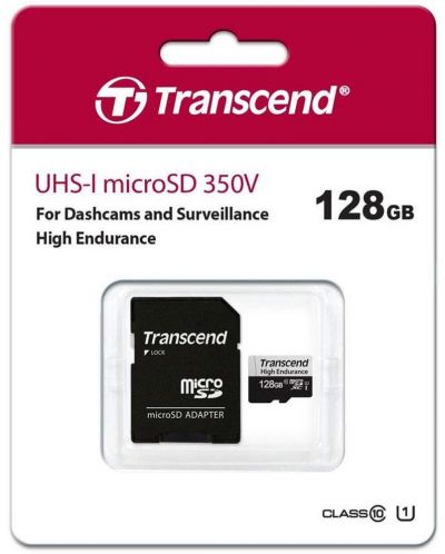 Карта памет Transcend - High Endurance, 128GB, microSD + адаптер - 2