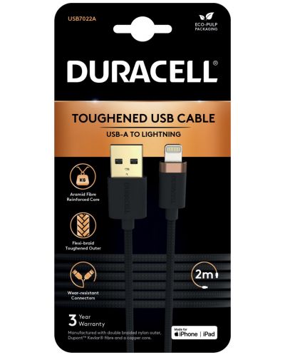 Кабел Duracell - USB7022A, USB-A/Lightning, braided, 2 m, черен - 2