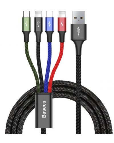 Кабел Baseus - 4 в 1, USB-A/Micro USB/2x Lightning/USB-C, 1.2 m, черен - 1