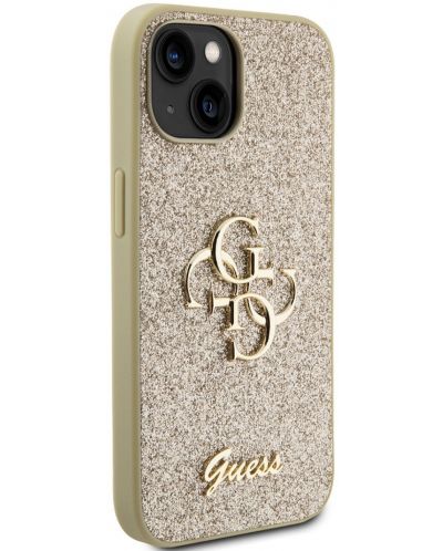 Калъф Guess - Fixed Glitter 4G Metal Logo, iPhone 15, златист - 4
