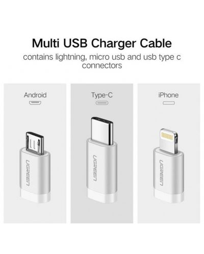 Кабел Ugreen - US186, USB А/USB-C/Lightning, 1 m, сребрист - 2