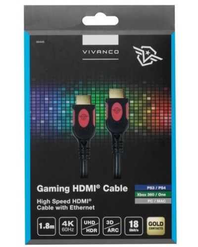 Кабел Vivanco - 60445 Gaming, HDMI/HDMI, 1.8m, черен/червен - 2