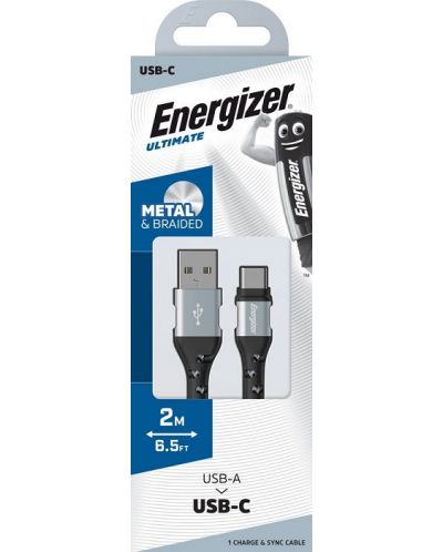 Кабел Energizer - C520CKSL, USB-A/USB-C, 2 m, сив/черен - 2
