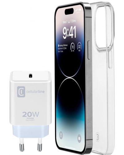 Пакет калъф и зарядно Cellularline - iPhone 14 Pro Max, прозрачен/бяло - 1