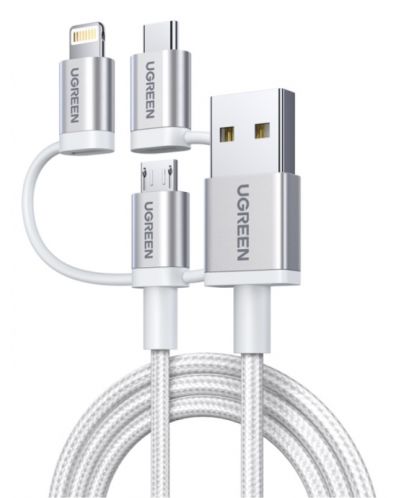 Кабел Ugreen - US186, USB А/USB-C/Lightning, 1 m, сребрист - 1