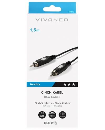 Аудио кабел Vivanco - 46210, RCA/RCA, 1.5 m, черен - 2