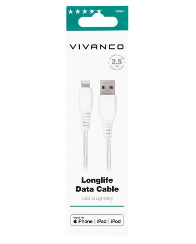 Кабел Vivanco - LongLife, USB-A/Lightning, 2.5 m, бял - 2