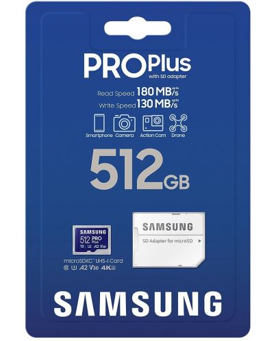 Карта памет Samsung - PRO Plus, 512GB, microSDXC + адаптер - 6