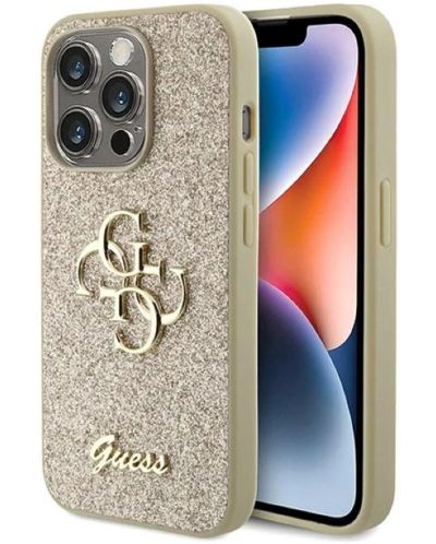 Калъф Guess - Fixed Glitter 4G Metal Logo, iPhone 15 Pro Max, златист - 1