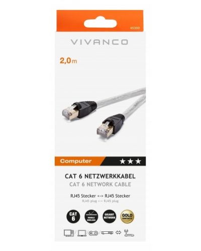 Кабел Vivanco - 45300 CAT6, RJ45/RJ45, 2m, сив/златист - 2