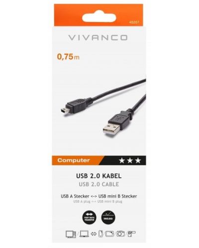 Кабел Vivanco - 45207, USB-A/Mini USB, 0.75 m, черен - 2