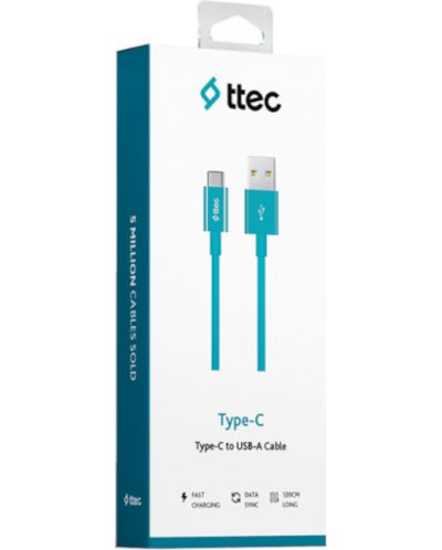 Кабел ttec - Charge/Data, USB-A/USB-C, 1.2 m, Turquoise - 2