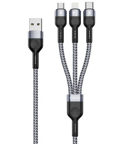 Кабел Duzzona - Data Cable, USB/Type-C/Lightning/Micro-USB, 1.3 m, сив - 1