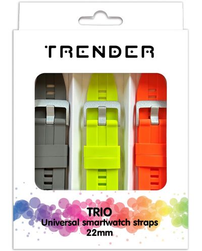 Каишки Trender - Trio Silicone, 22 mm, 3 броя, сива/зелена/орнажева - 1