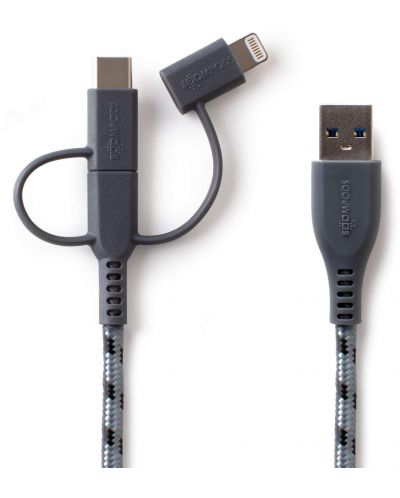 Кабел Boompods - Trio, USB-A/Micro USB/USB-C/Lightning, 1.5 m, Graphite - 1