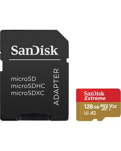 Карта памет SanDisk - Extreme, 128GB, за екшън камера/дрон + адаптер + RescuePRO Deluxe - 1