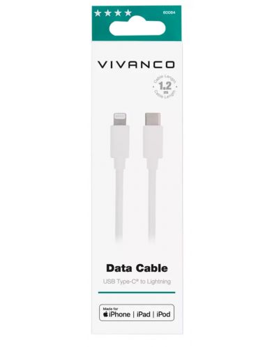 Кабел Vivanco - LongLife, USB-C/Lightning, 1.2 m, бял - 2