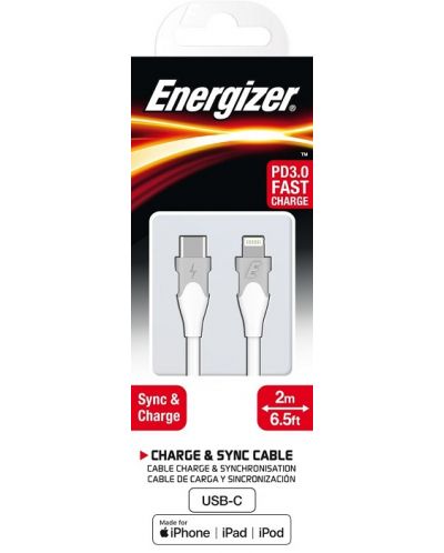 Кабел Energizer - C61CLNKWH4, Lightning/USB-C, 2 m, бял/сив - 3
