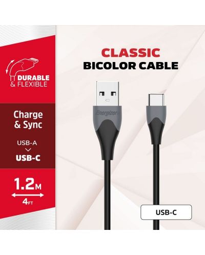 Кабел Energizer - C610CGBK, USB-A/USB-C, 1.2 m, черен/сив - 6