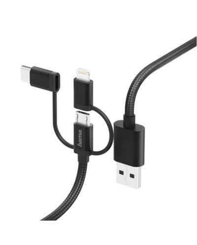 Кабел Hama - 3 в 1, USB-A/Micro USB/Lightning/USB-C, 1.5 m, черен - 1