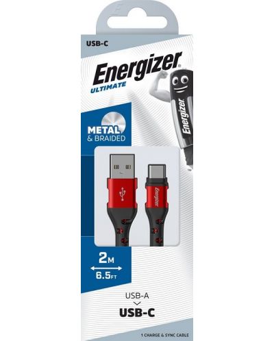 Кабел Energizer - C520CKRD, USB-A/USB-C, 2 m, червен - 2
