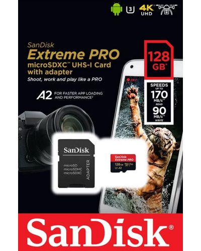 Карта памет SanDisk - Extreme PRO, 128GB, microSDXC, Class10 + адаптер - 5