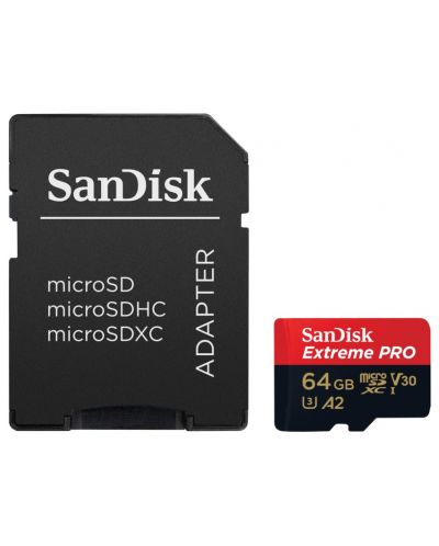 Карта памет SanDisk - Extreme PRO, 64GB, microSDXC, Class10 + адаптер - 1