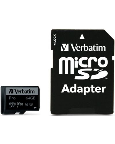 Карта памет Verbatim - PRO, 64GB, microSDXC, Class10 + адаптер - 1