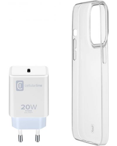 Калъф и зарядно Cellularline - iPhone 14 Plus, прозрачен/бял - 1