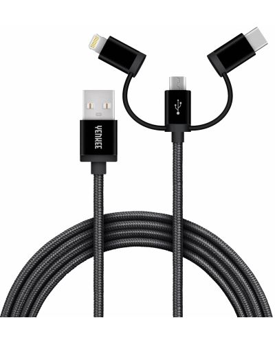 Кабел Yenkee - 400 BK, Lightning/Micro USB/USB-C, 1 m, черен - 1