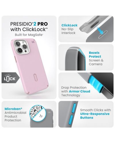 Калъф Speck - Presidio 2 Pro, iPhone 15 Pro Max, MagSafe ClickLock, Soft Lilac - 9