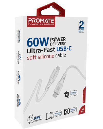 Кабел ProMate - PowerLink-CC120, USB-C/USB-C, 1.2 m, бял - 1