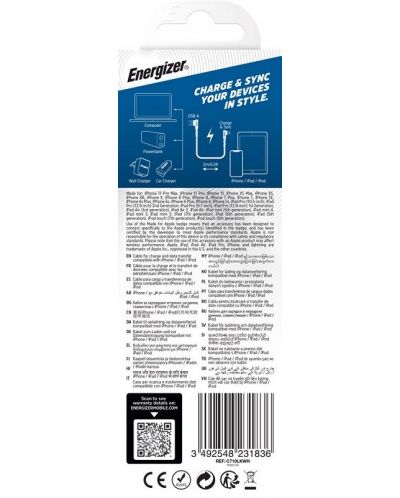 Кабел Energizer - C710LKWH, USB-A/Lightning, 2 m, бял - 3