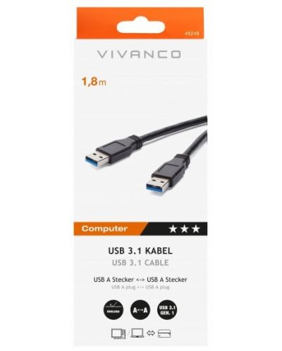 Кабел Vivanco - 45249, USB-A/USB-A, 1.8 m, черен - 2