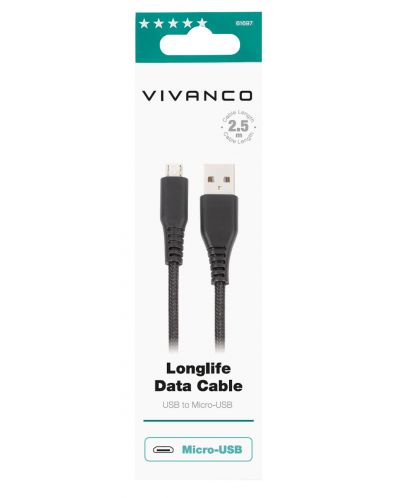 Кабел Vivanco - 61697, Micro USB/USB-A, 2.5 m, черен - 2